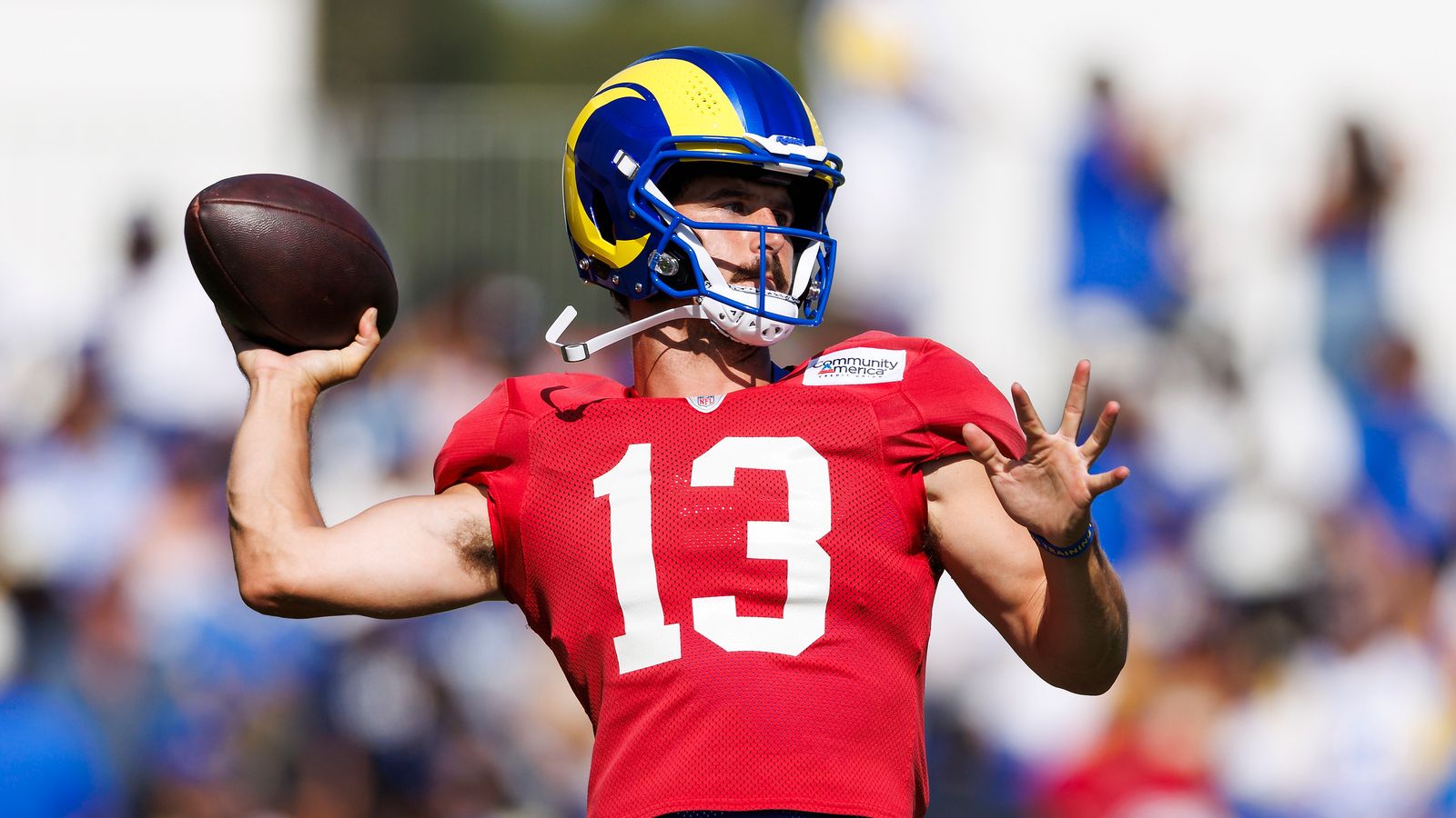 Stetson Bennett IV throws during Rams Training Camp