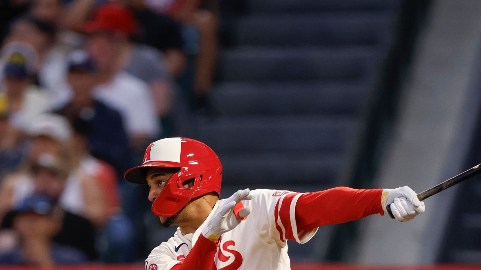 Jose Siri batting against Brewers, Angel Stadium, Aug 1, 2026