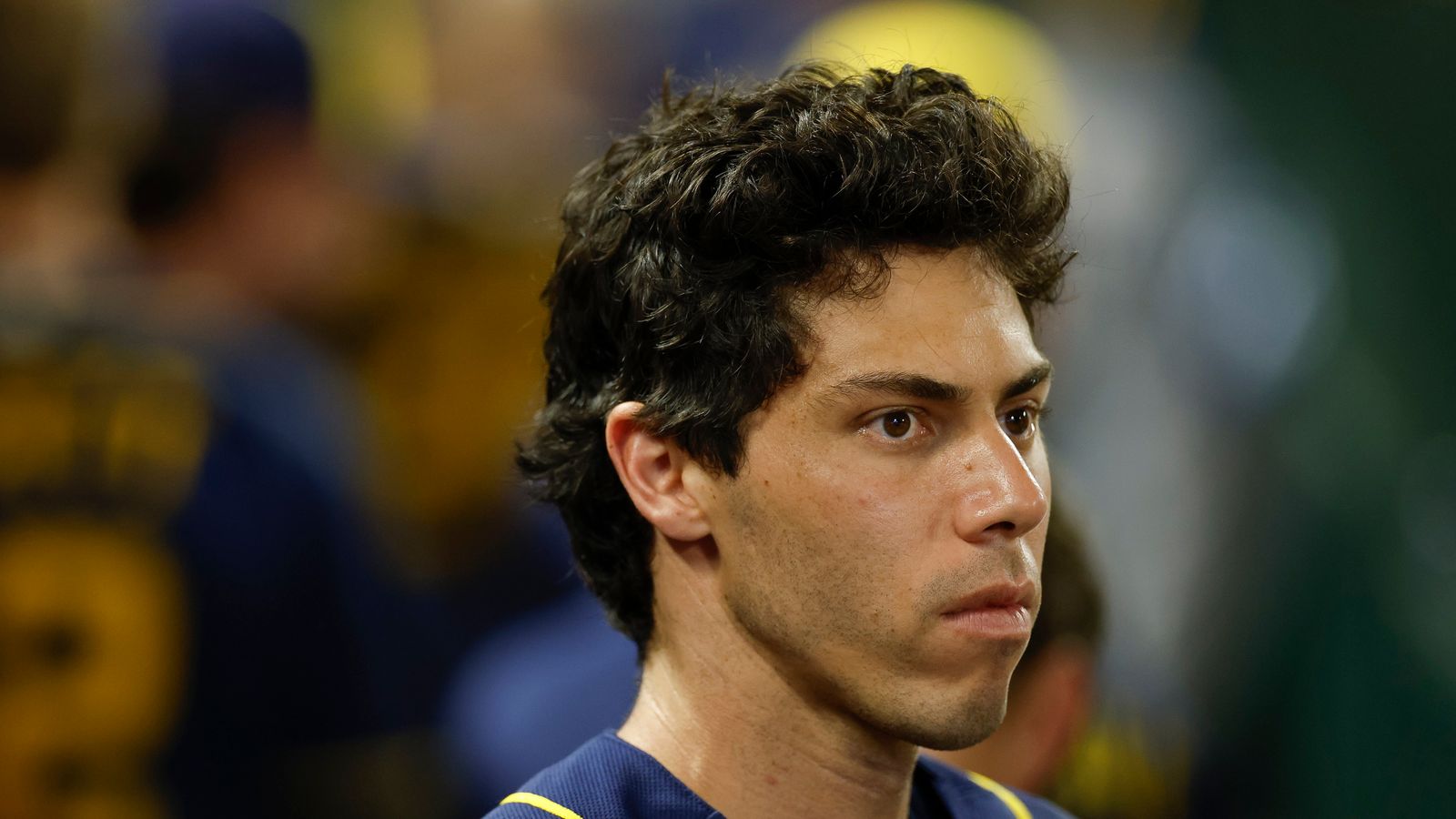 Christian Yelich in the dugout, game against Angels, Aug 1, 2026