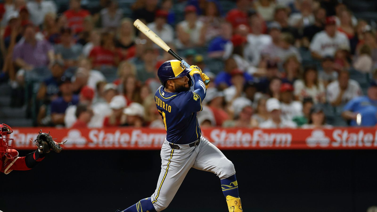 Jackson Chourio hits a double against Angels, Angel Stadium, 2026