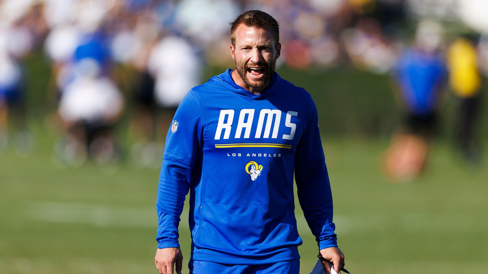 Sean McVay yells instructions at Rams Training Camp