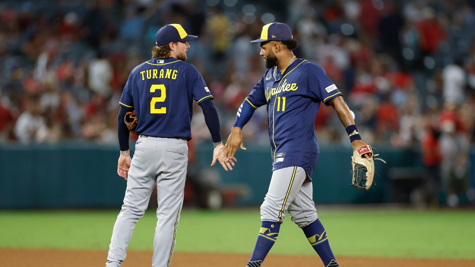 Chourio and Turang celebrate Brewers' win over Angels, 2026