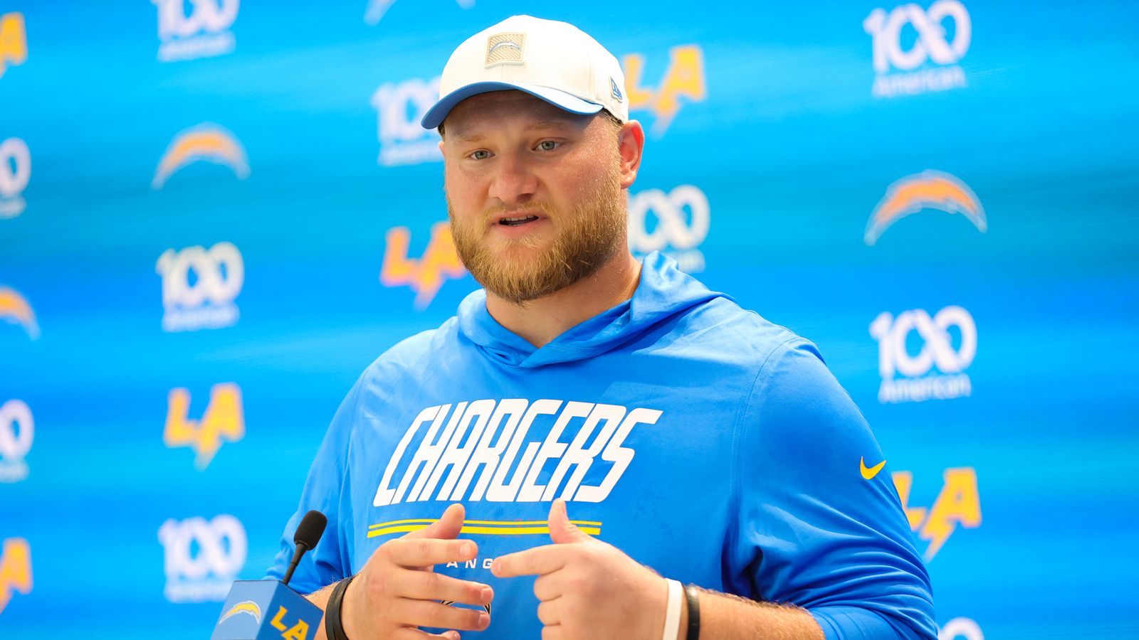 Center Tyler Biadasz speaks with media at Chargers camp