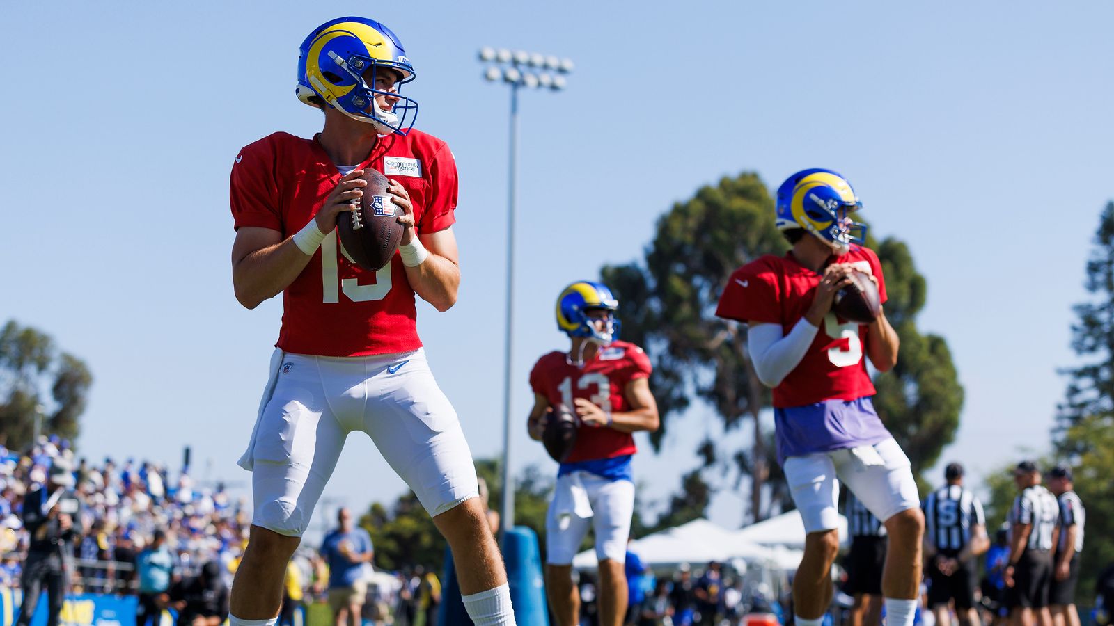 Ty Simpson drops back to pass at Rams Training Camp