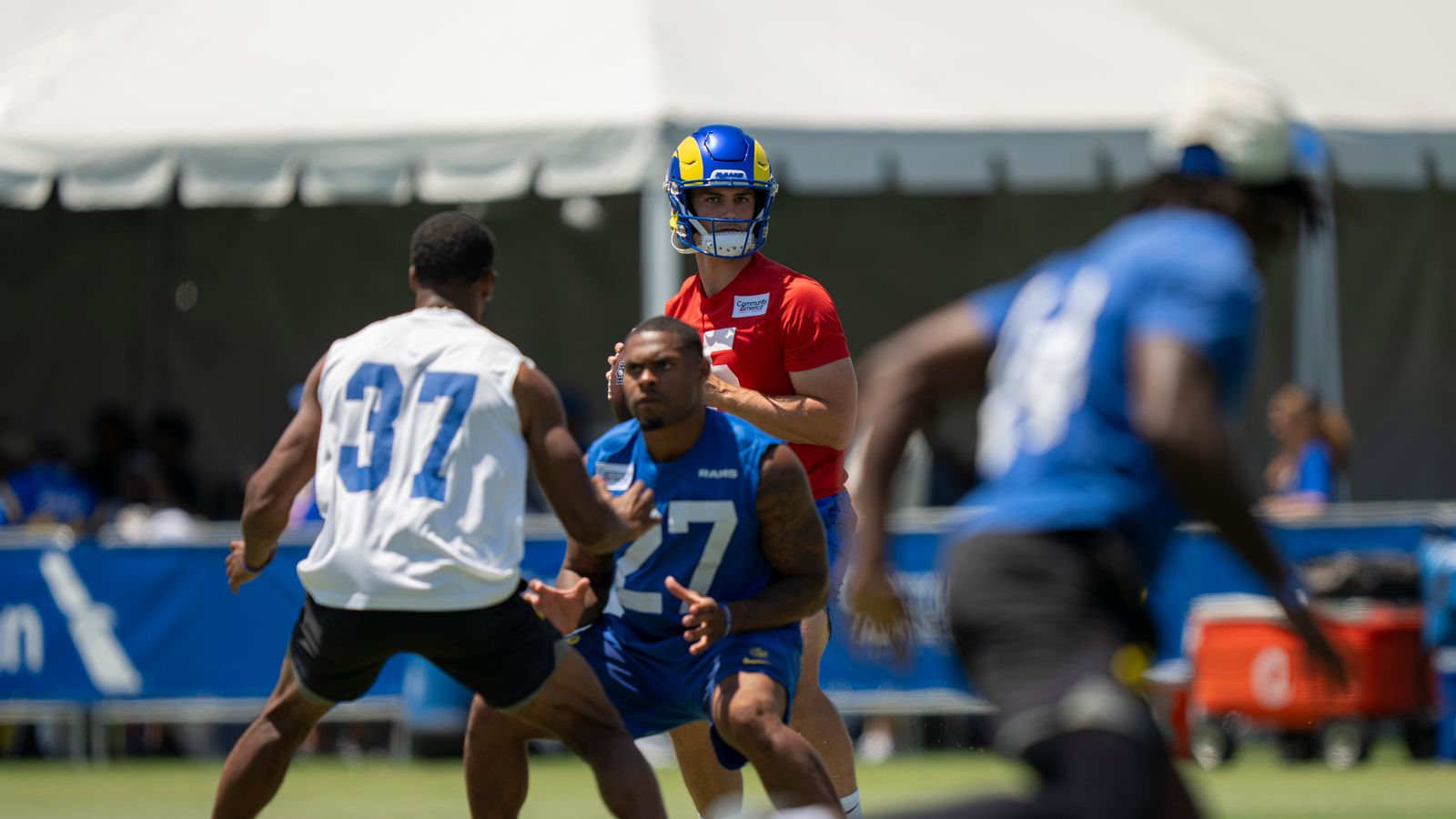 Ty Simpson #15 at Los Angeles Rams Training Camp