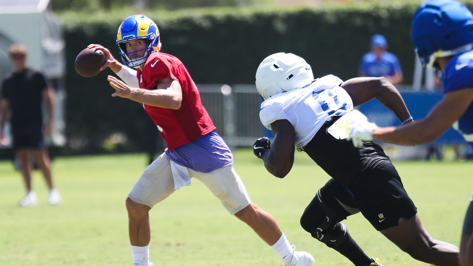 Matthew Stafford rolls out of the pocket at Rams Training Camp, August 3, 2026