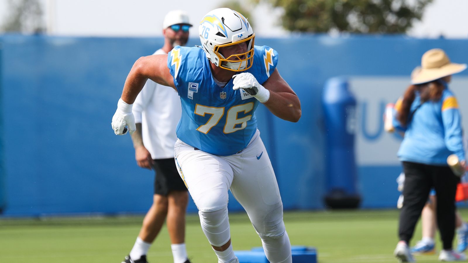 Tackle Joe Alt participates in drills at Chargers Training Camp, 2026