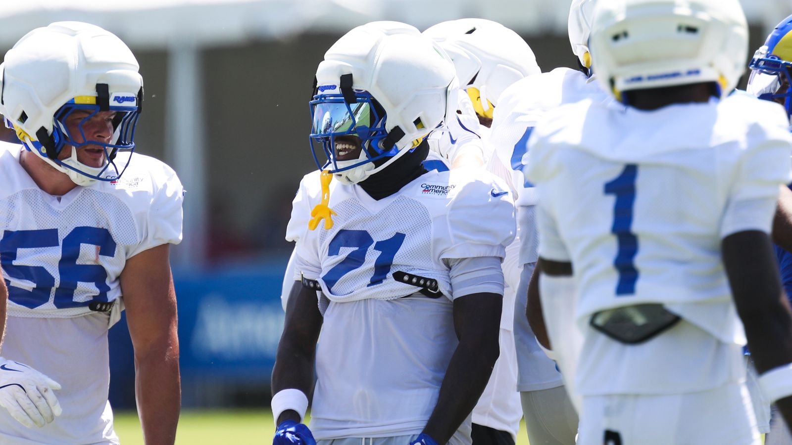 Cam Lampkin celebrates a defensive stop at Rams Training Camp, August 3, 2026