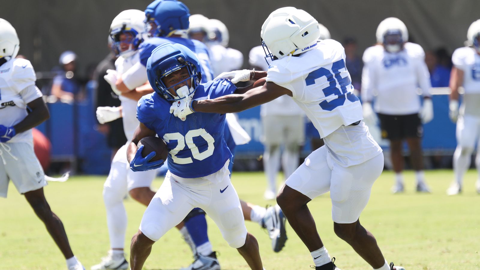 Ronnie Rivers runs with the football at Rams Training Camp, August 3, 2026