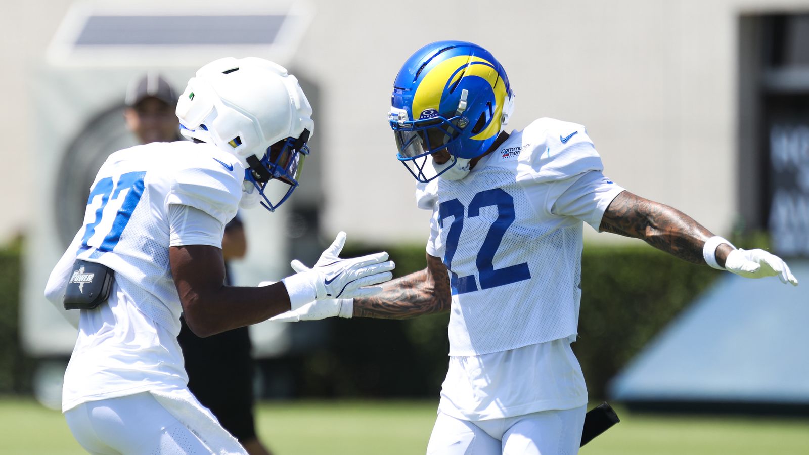 Trent McDuffie celebrates a stop at Rams Training Camp, August 3, 2026