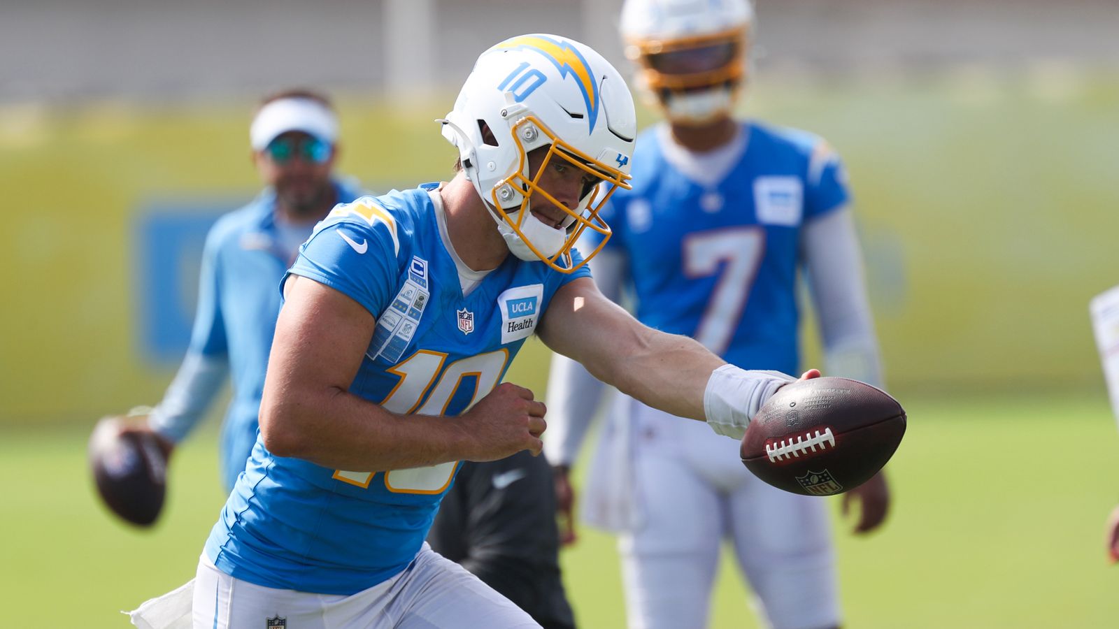 Justin Herbert participates in drills at Chargers Training Camp, 2026