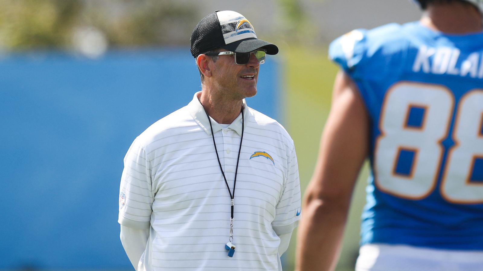 Coach Jim Harbaugh oversees Chargers Training Camp, August 3, 2026