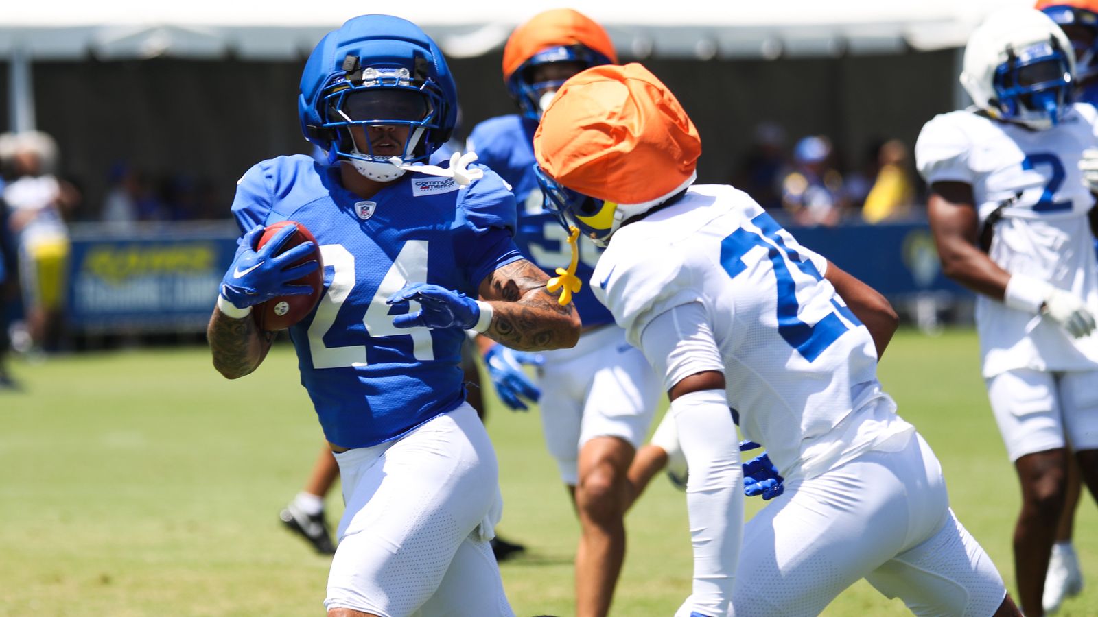 Blake Corum in action at Rams Training Camp, August 3, 2026