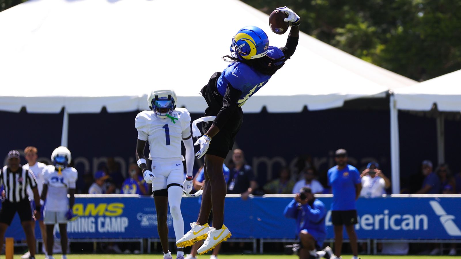 Davante Adams catches a pass at Rams Training Camp, August 3, 2026
