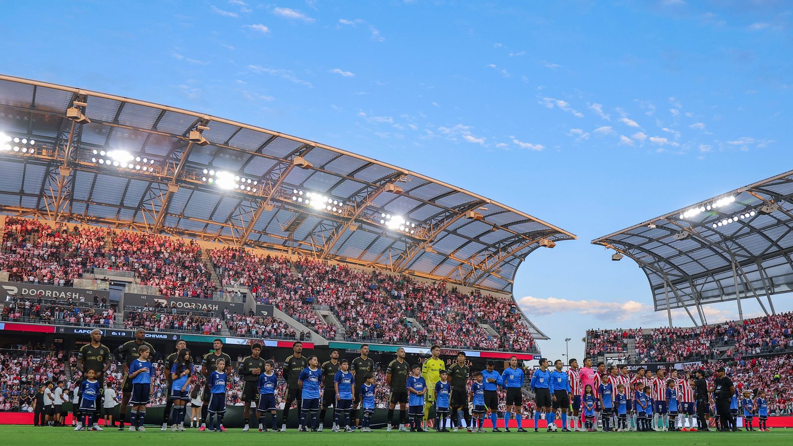 Teams line up for national anthems at the Leagues Cup