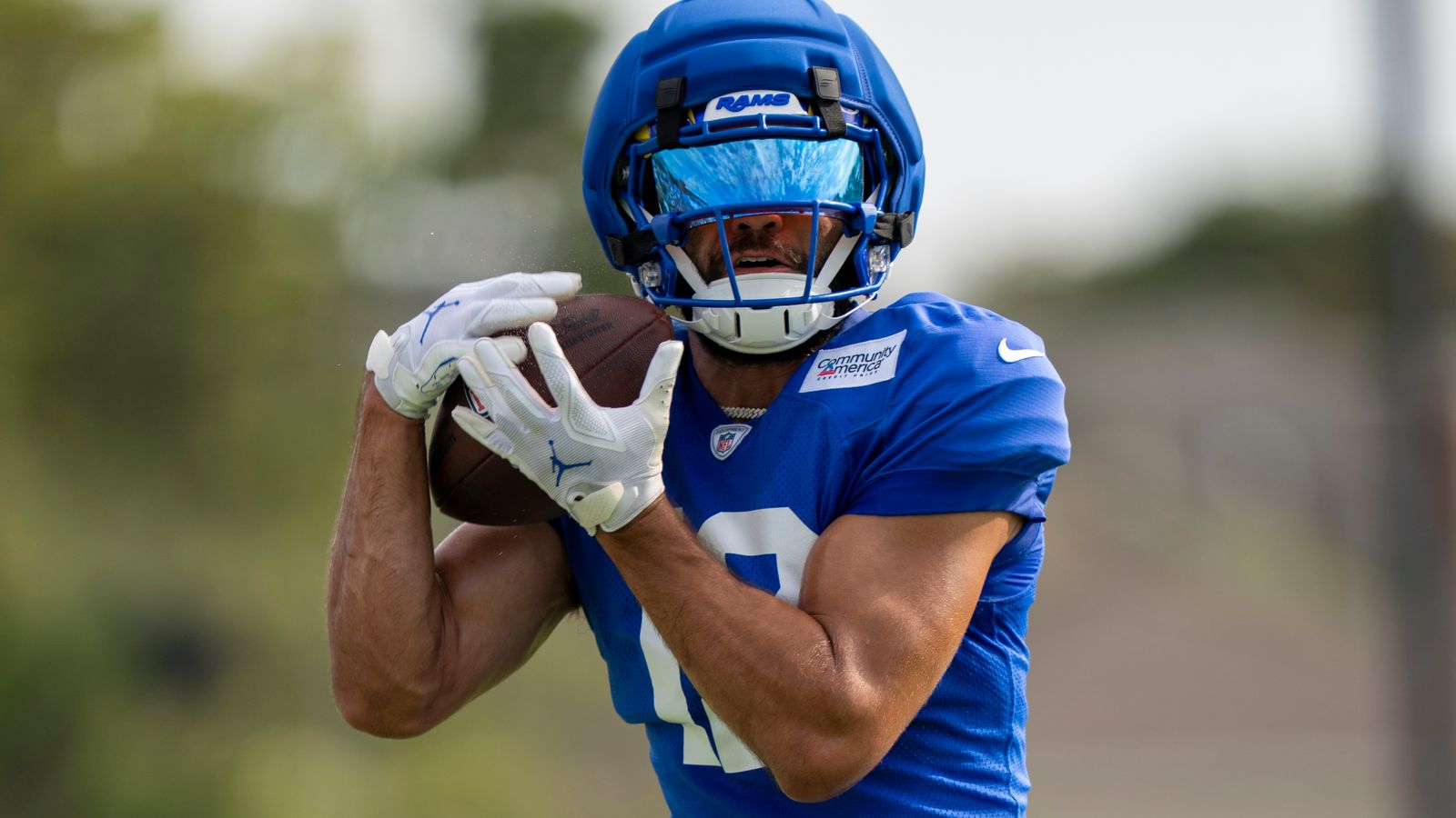 Puka Nacua #12 during a drill at Rams training camp.