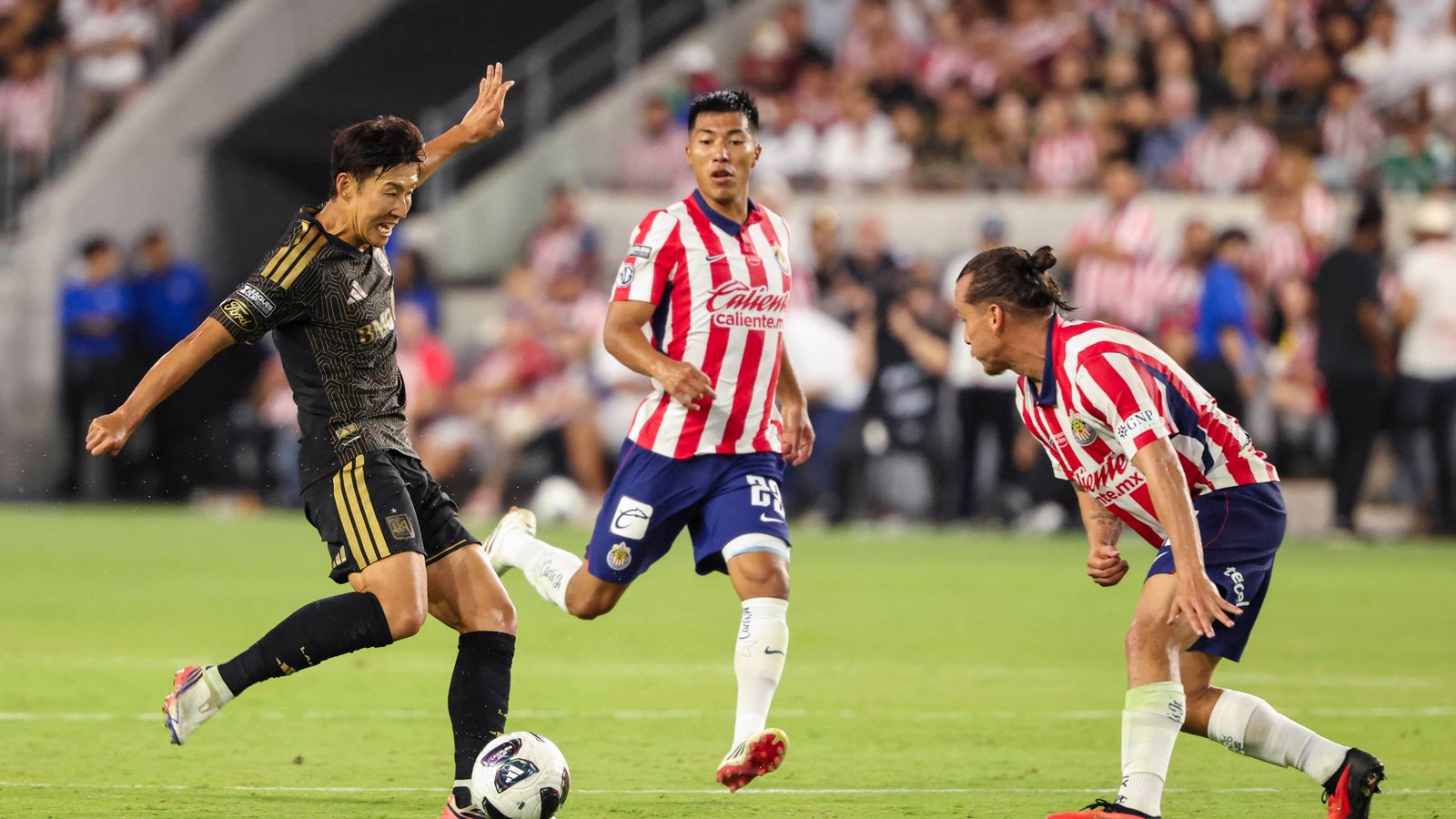 Son Heung-Min takes a shot at goal in the Leagues Cup