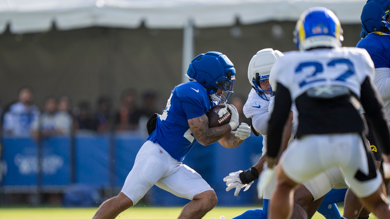 Kyren Williams #23 runs drills at Rams training camp.