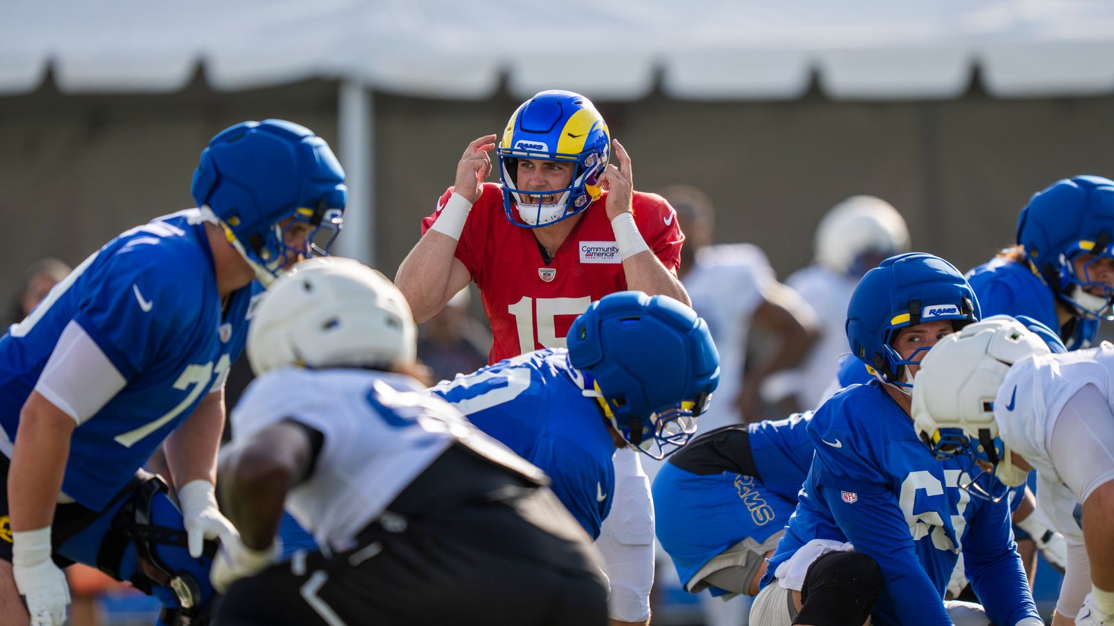 Ty Simpson #15 throws at Rams training camp.