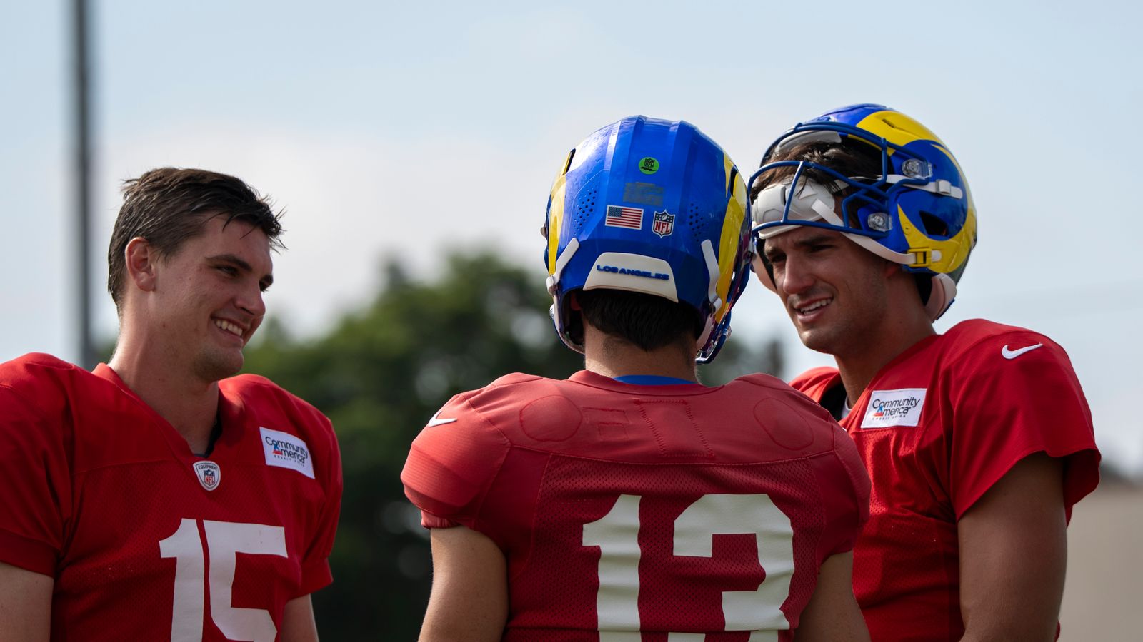 Rams QBs Ty Simpson, Stetson Benett, and Matthew Caldwell train together.