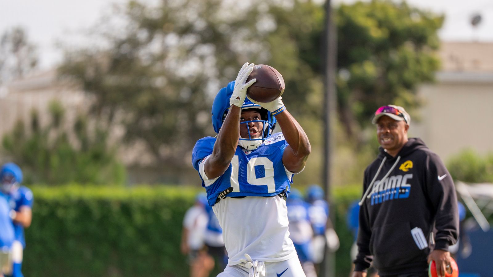 Xavier Smith #19 participates in Rams training camp.