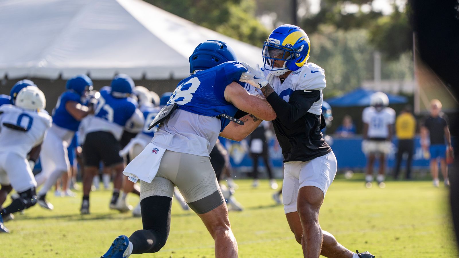 Terrence Ferguson #18 and Trent McDuffie #22 at Rams training camp.