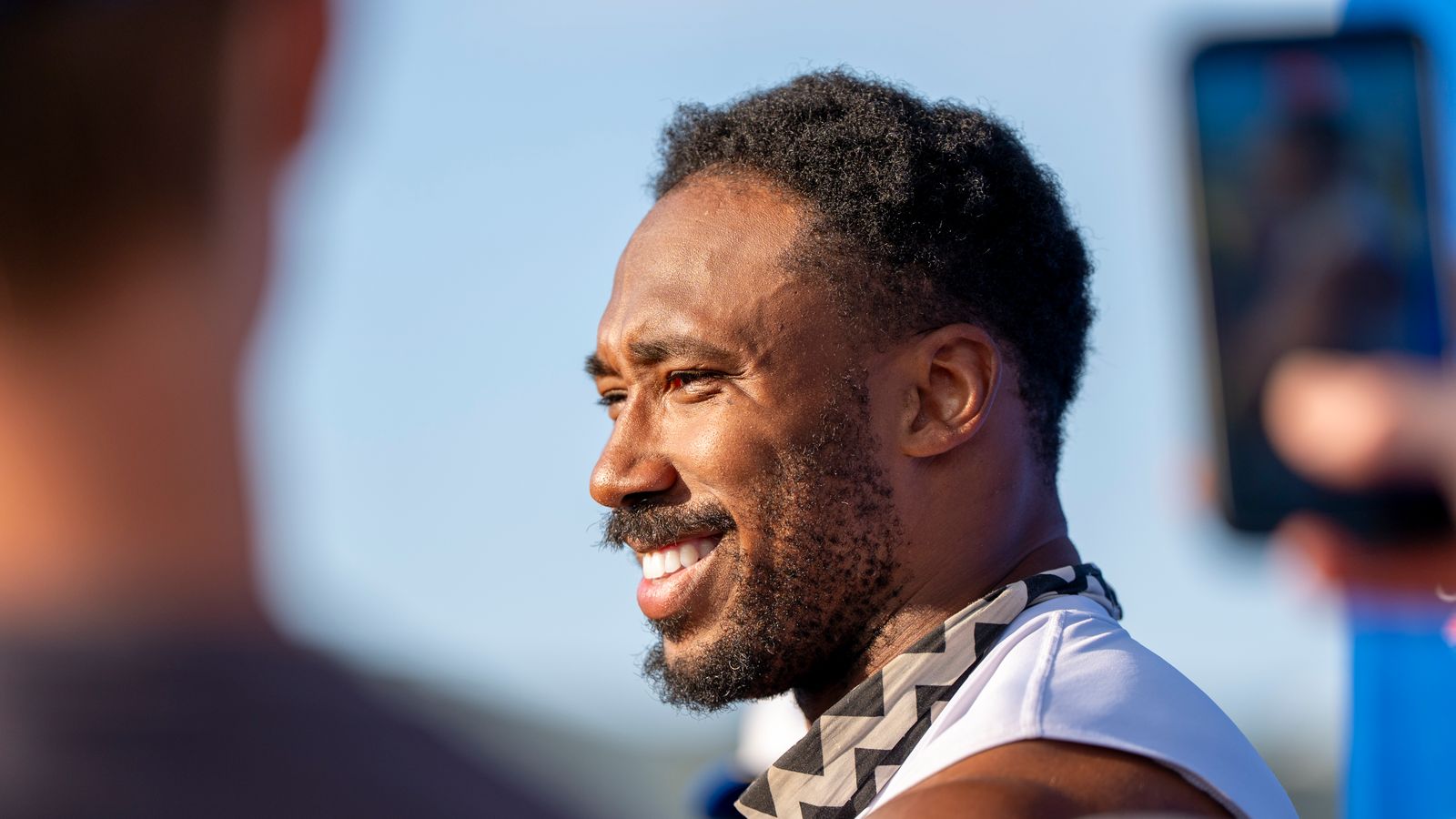 Myles Garrett #95 practices at Rams training camp.