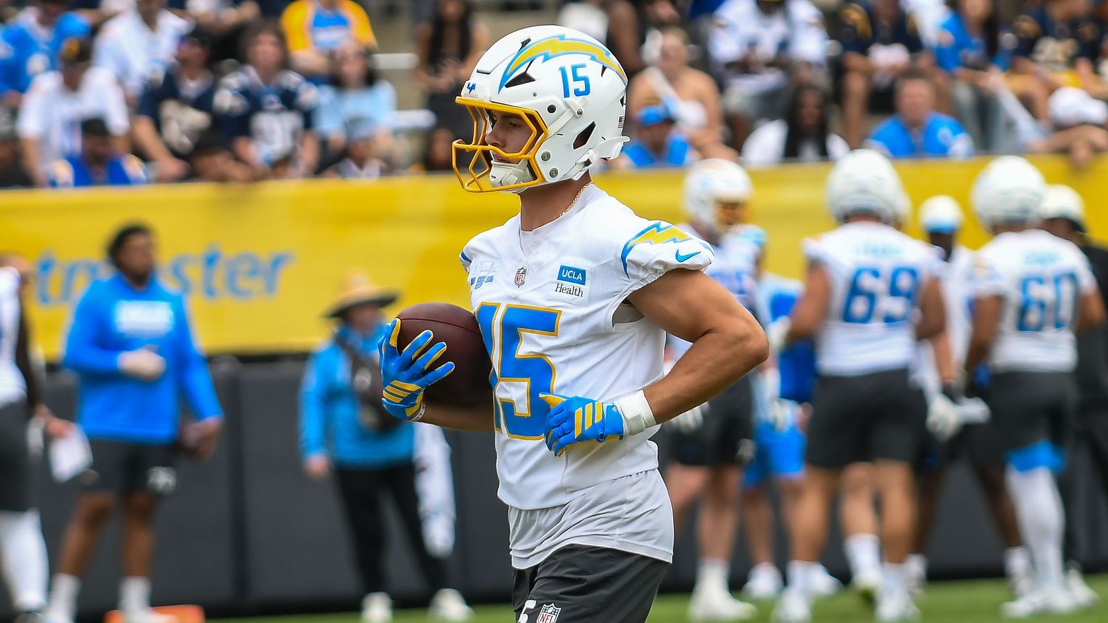 Ladd McConkey (15) participates in drills at Chargers training camp