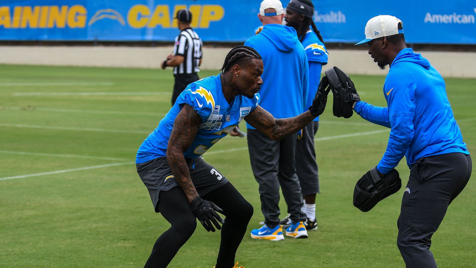 Derwin James in action during Chargers training camp drills