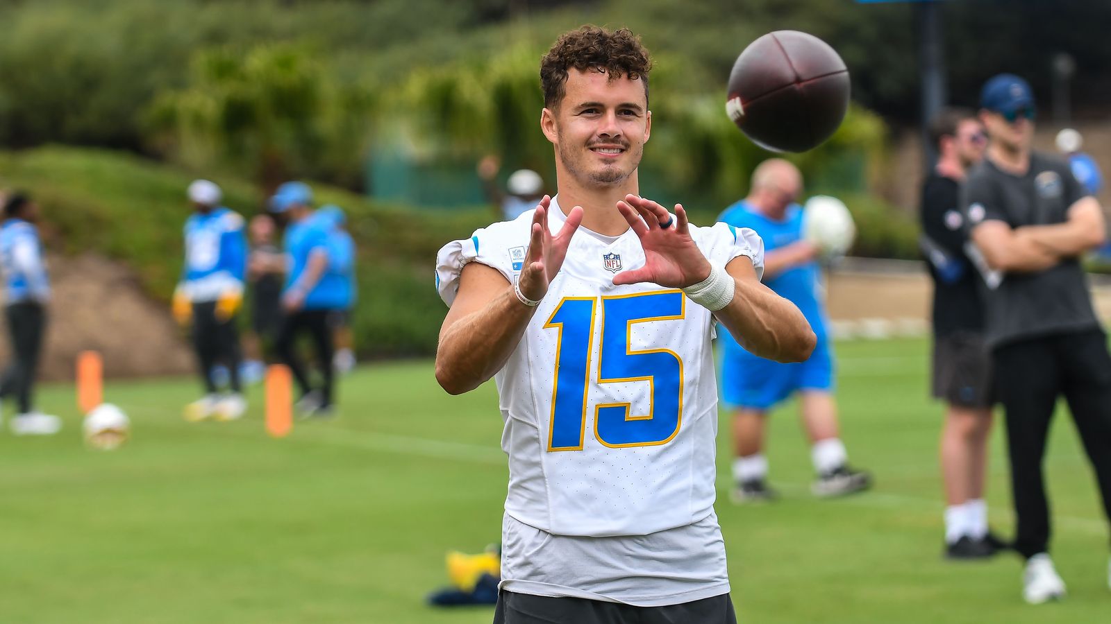 Ladd McConkey (15) catching a pass at Chargers training camp