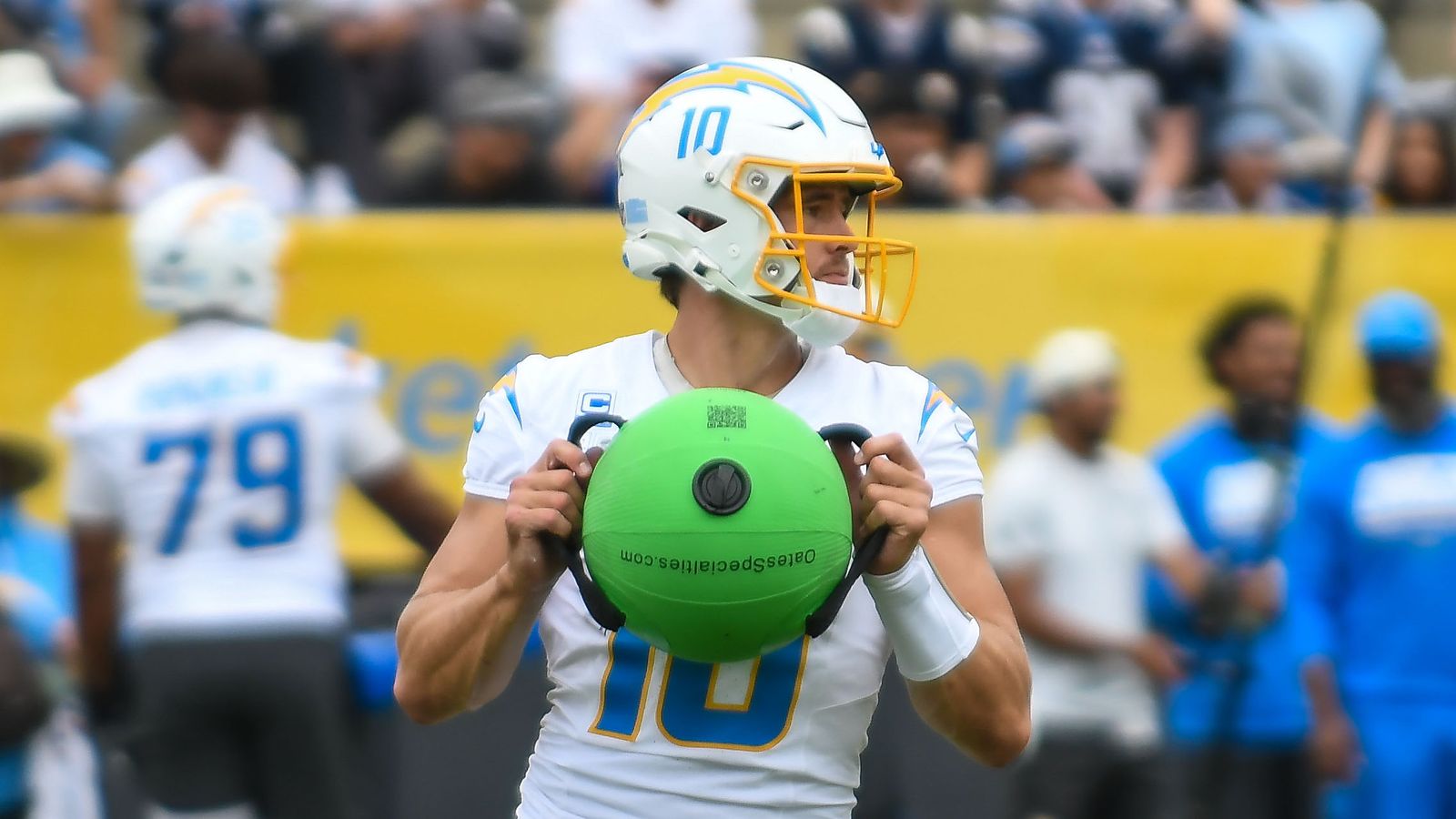 Justin Herbert (10) participates in drills at Chargers training camp