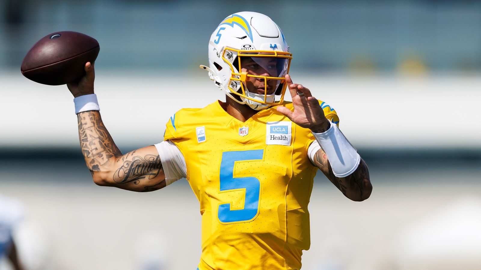 Trey Lance #5 Throws at Chargers Training Camp
