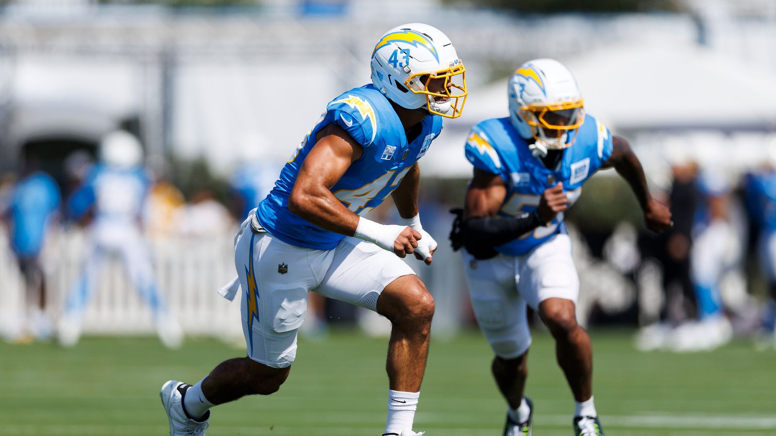 Troy Dye #43 Defends During Chargers Training Camp