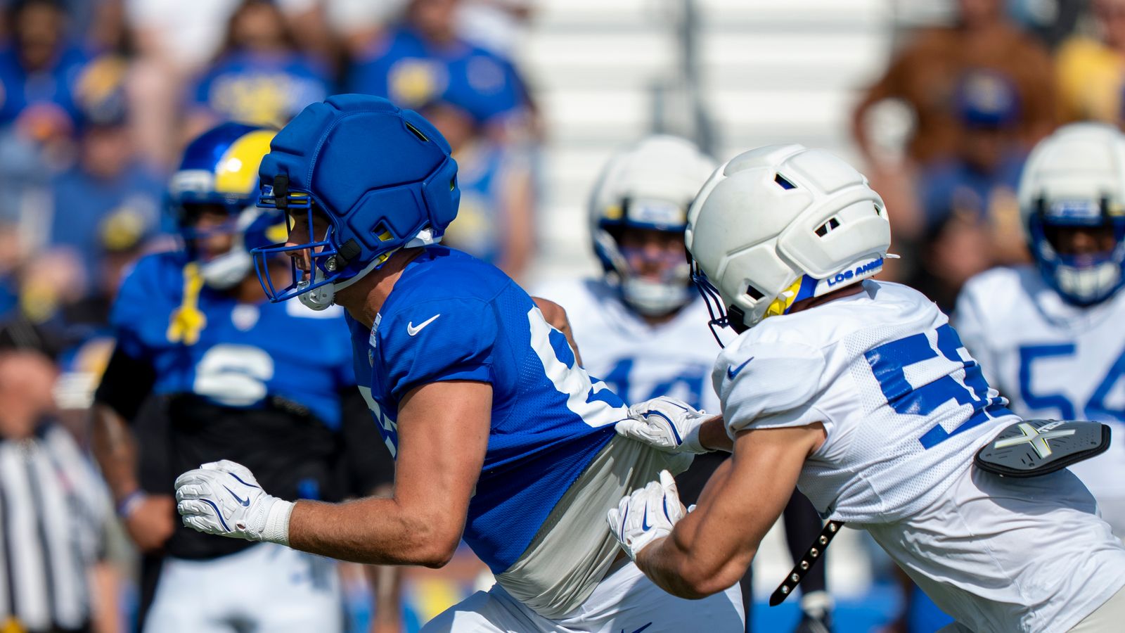 Max Klare #86 runs drills at Rams training camp