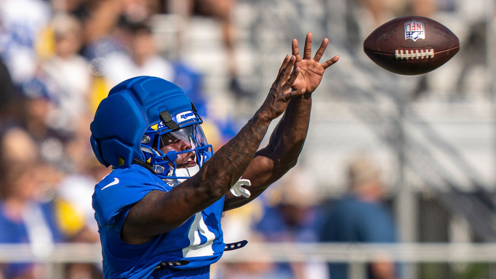 Konata Mumpfield #4 catches a pass at Rams training camp