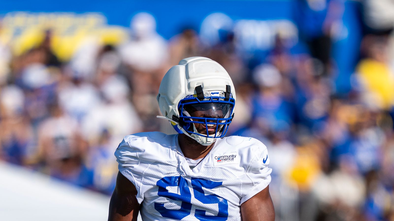 Myles Garrett #95 during a practice session at Rams training camp