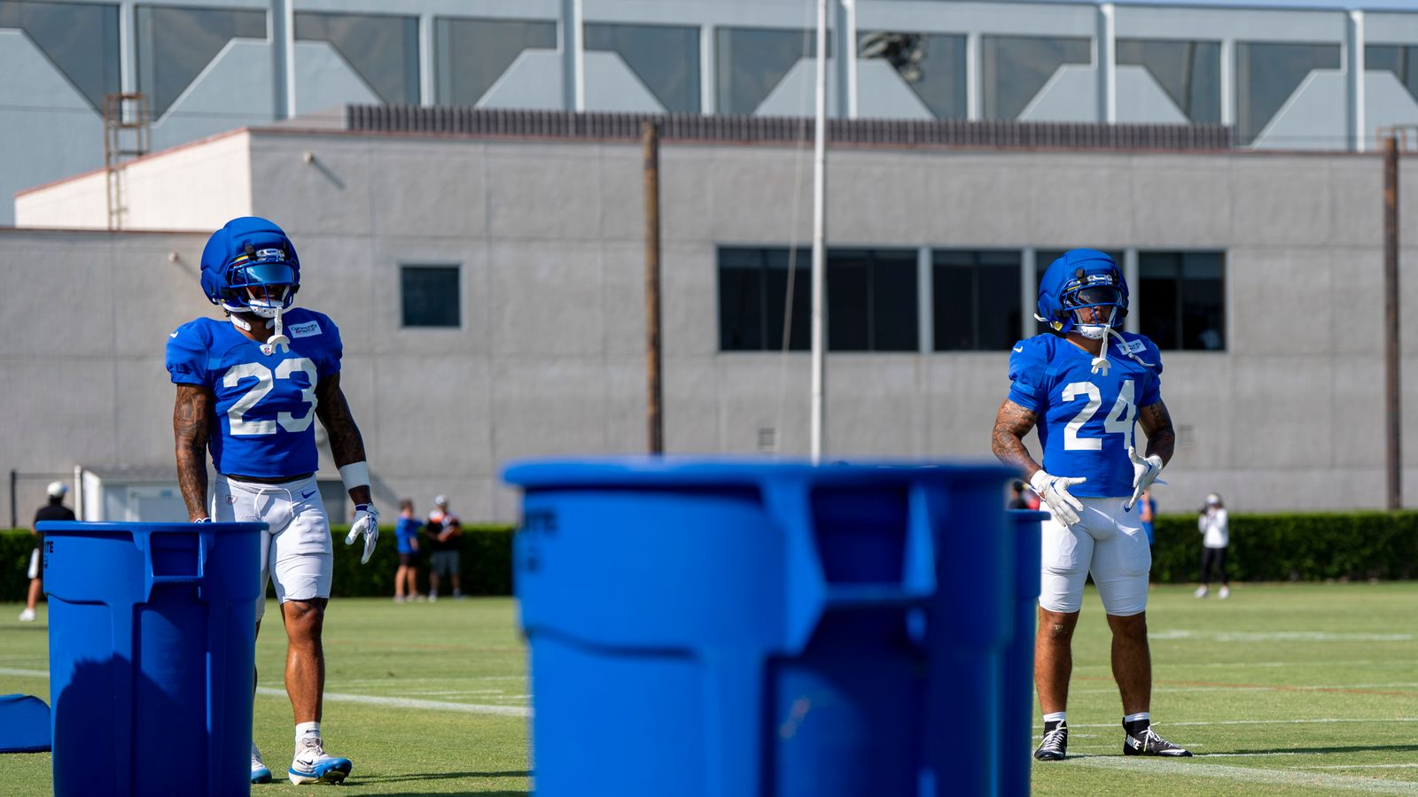 Kyren Williams #23 and Blake Corum #24 together at Rams training camp
