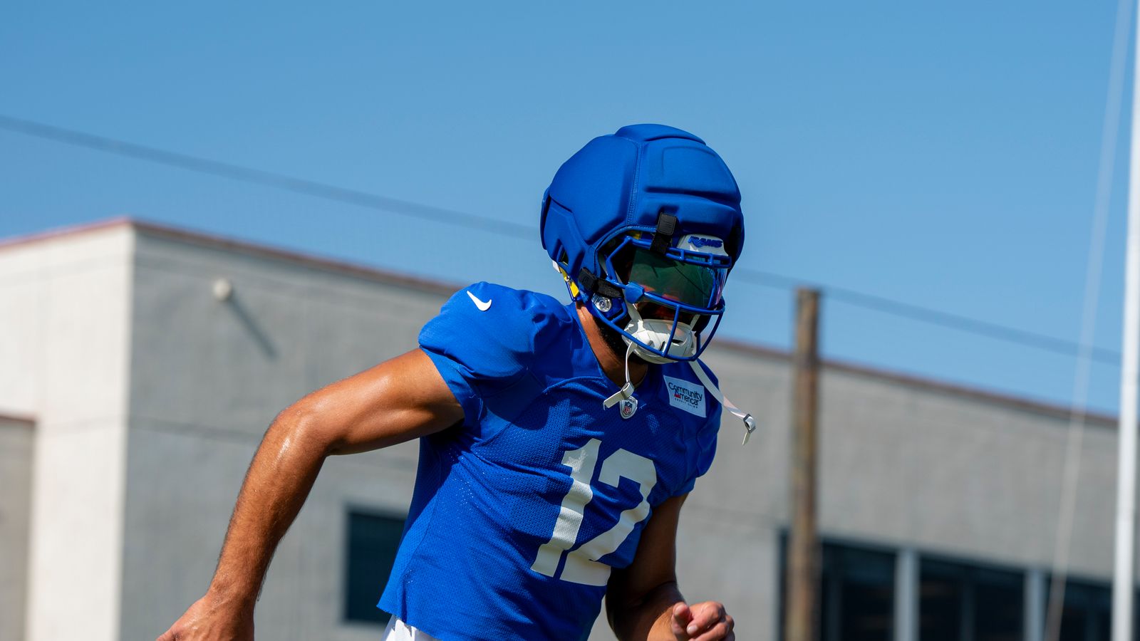 Puka Nacua #12 during a practice session at Rams training camp