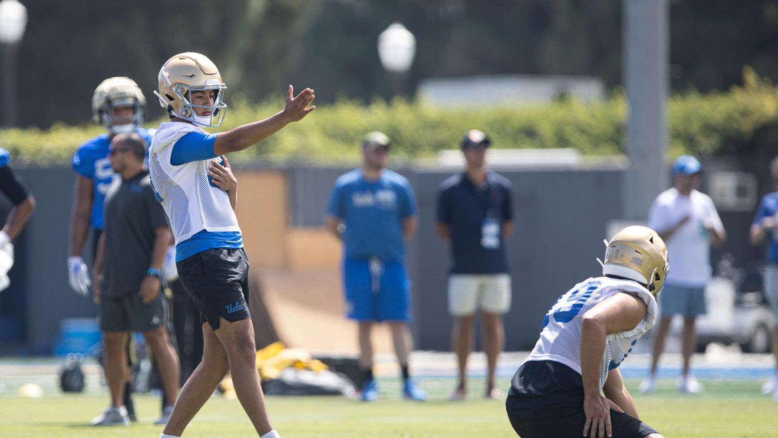 Mateo Orosco lines up a kick during UCLA practice.