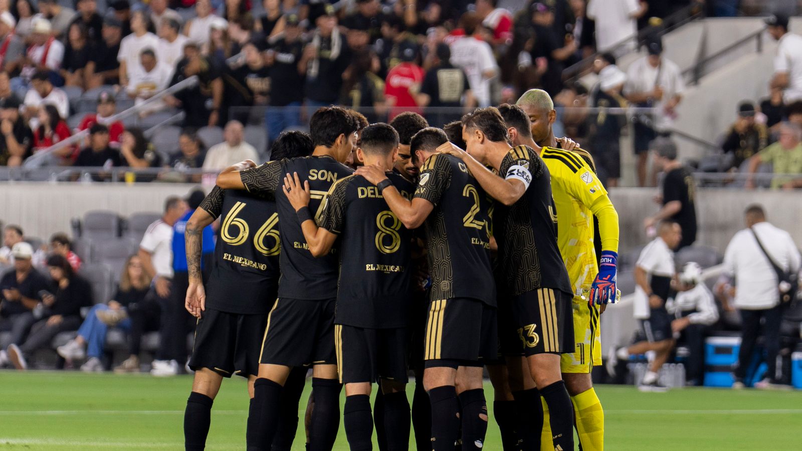 LAFC team huddle before their match against Toluca FC