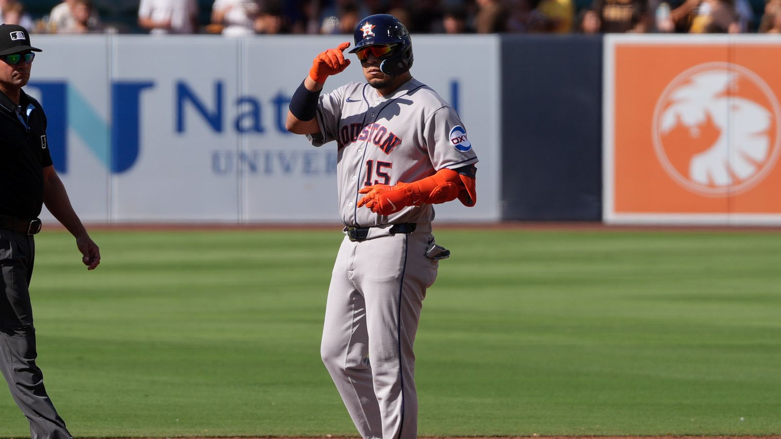 Isaac Paredes celebrates a double against the Padres