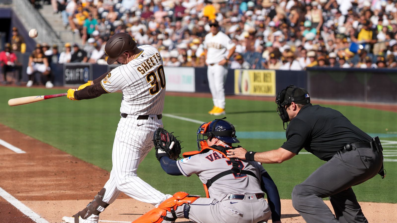 Gavin Sheets hits a foul ball in game against Astros