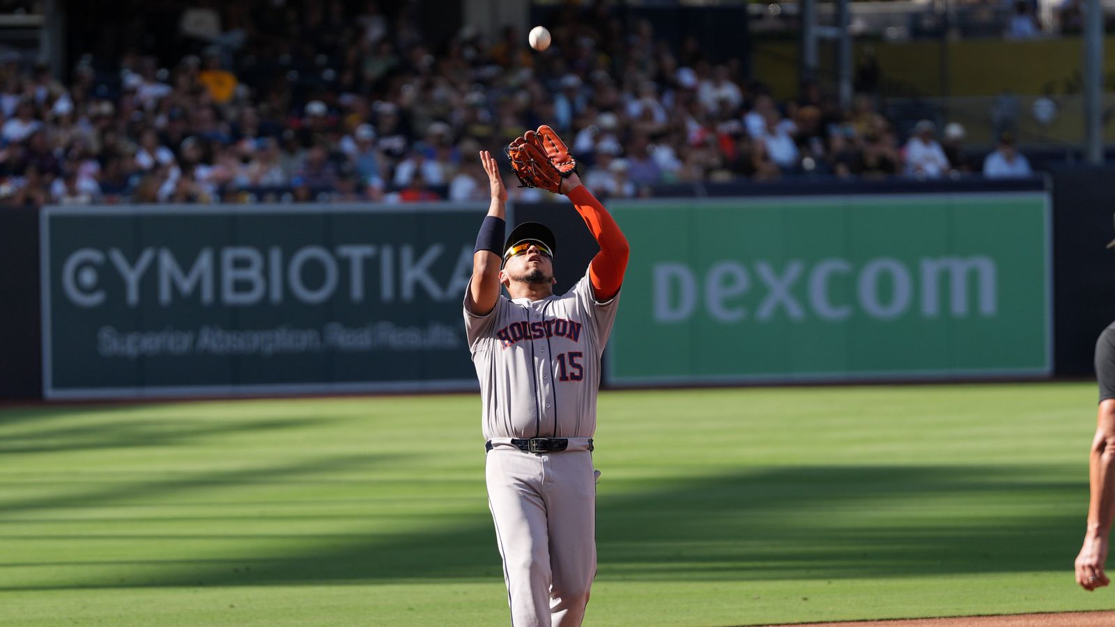 Isaac Paredes catches a pop fly at Petco Park