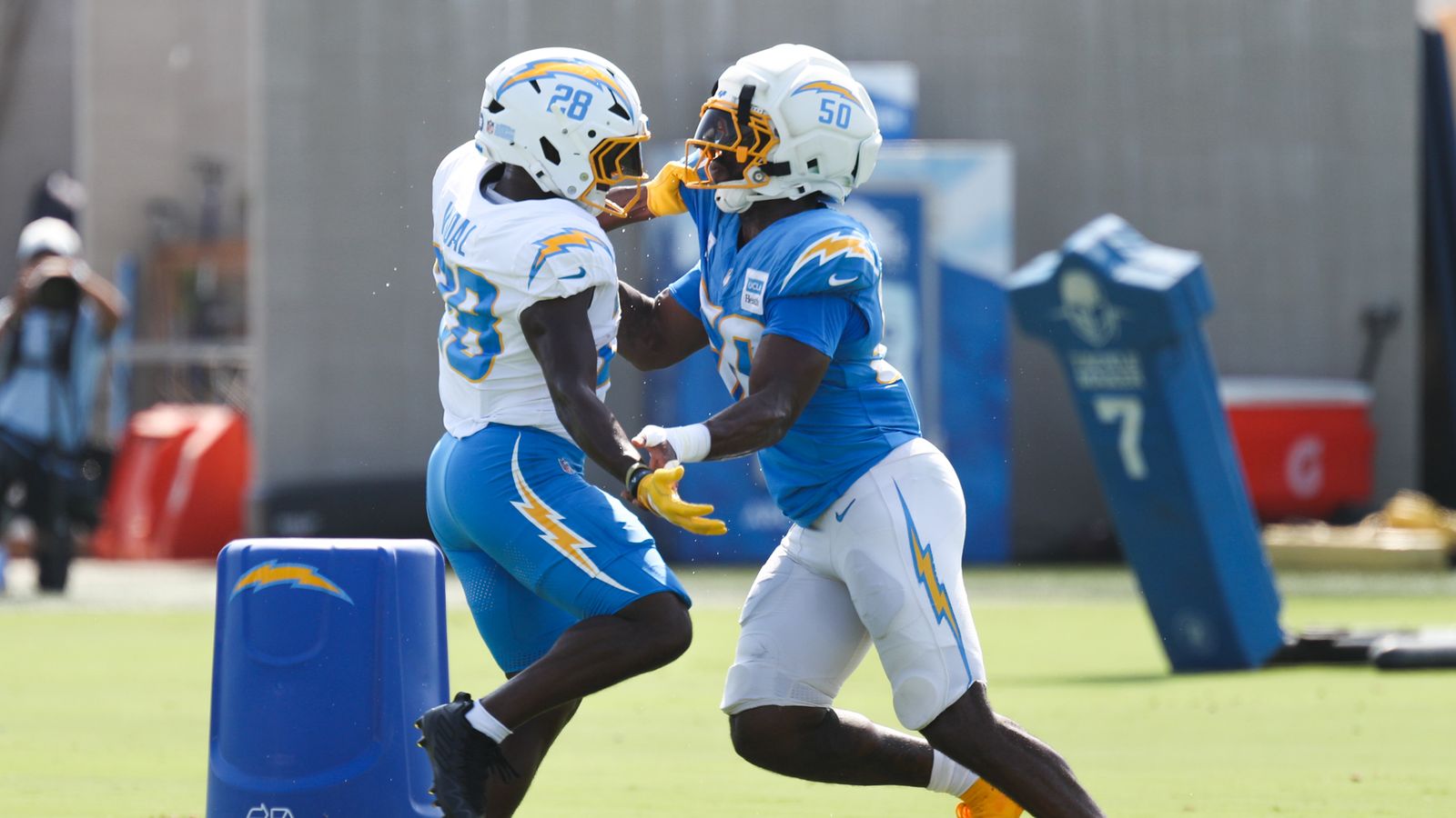 Kimani Vidal #28 and Emany Johnson #50 drill at Chargers Camp