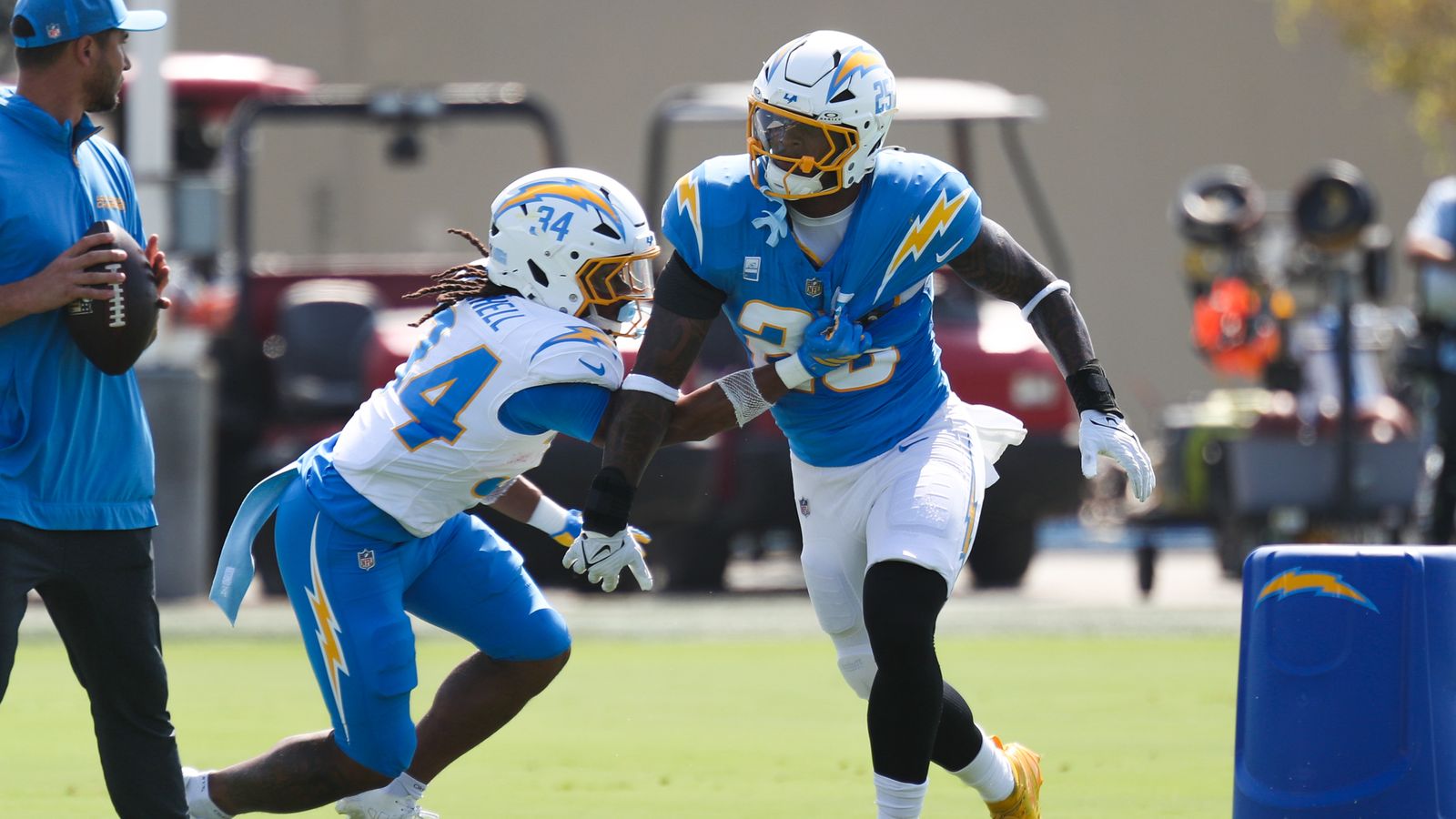 Keaton Mitchell #34 and Junior Colson #25 in training drills