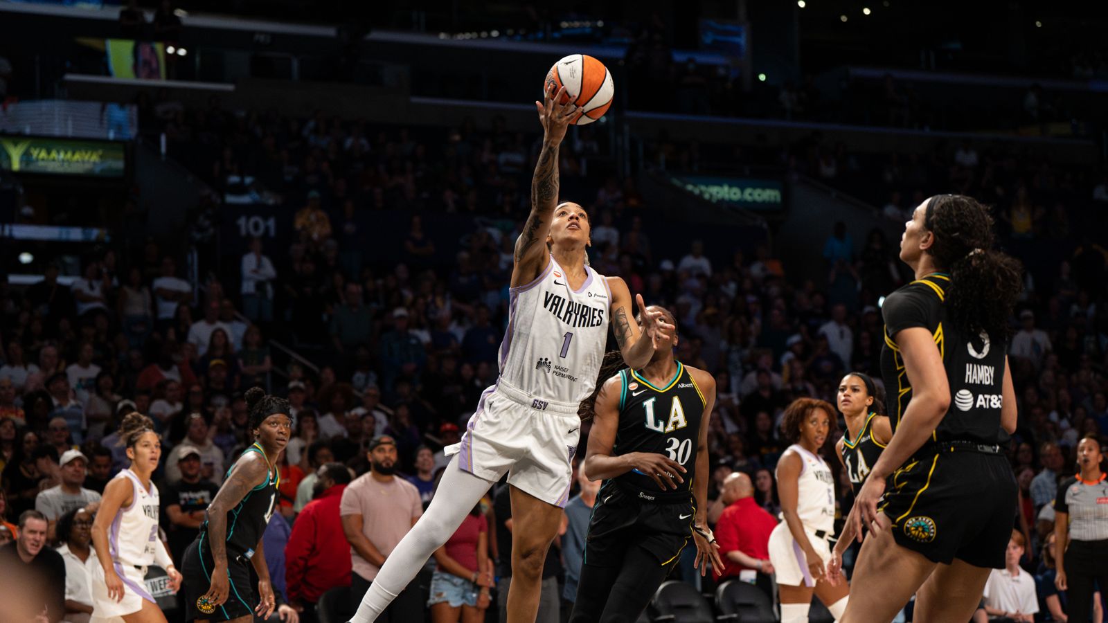 Gabby Williams makes a layup for the Valkyries against the Sparks.