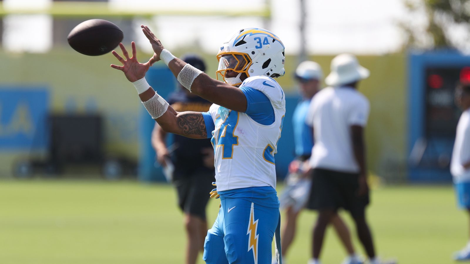 Keaton Mitchell #34 drills at Chargers Training Camp, The Bolt