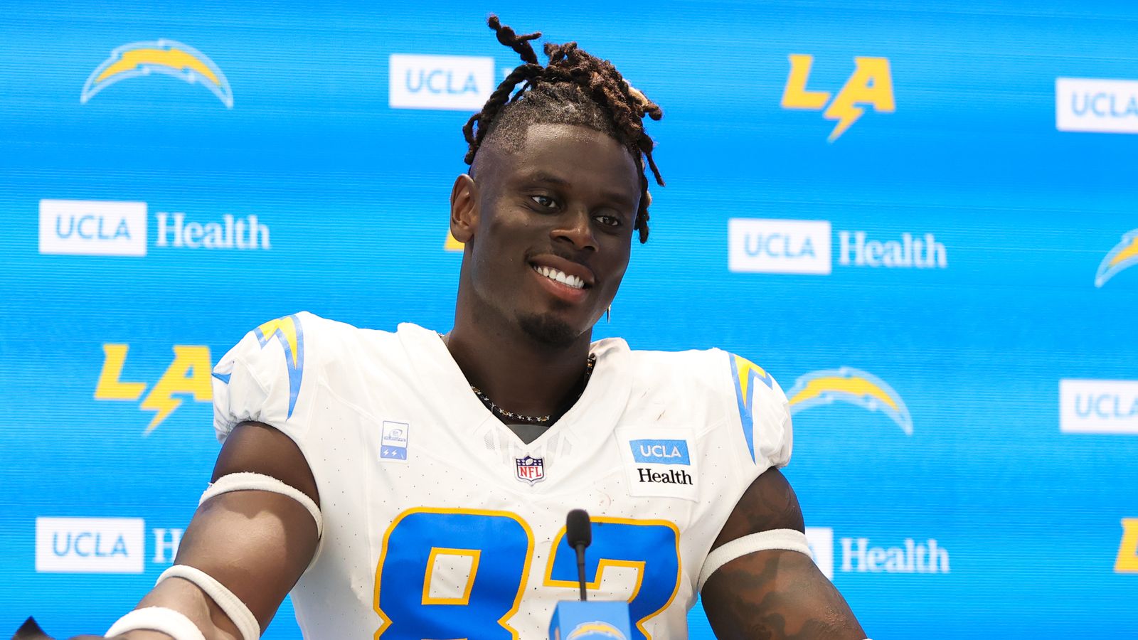 David Njoku #83 talks to media at Chargers Training Camp