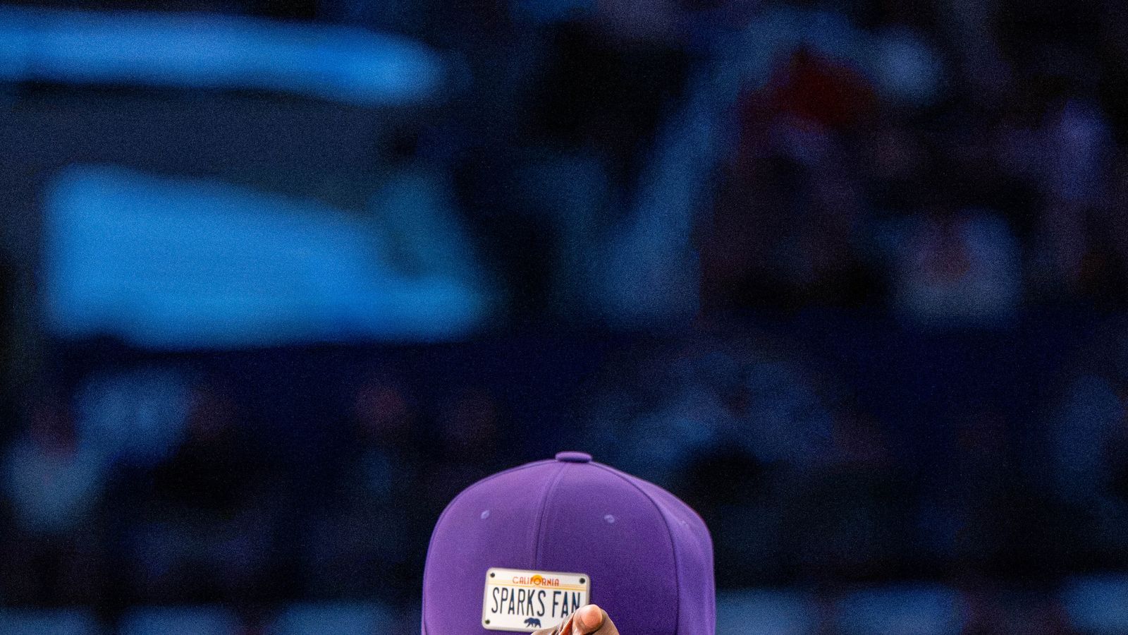 Sparks fan celebrates during a WNBA game against the Valkyries.