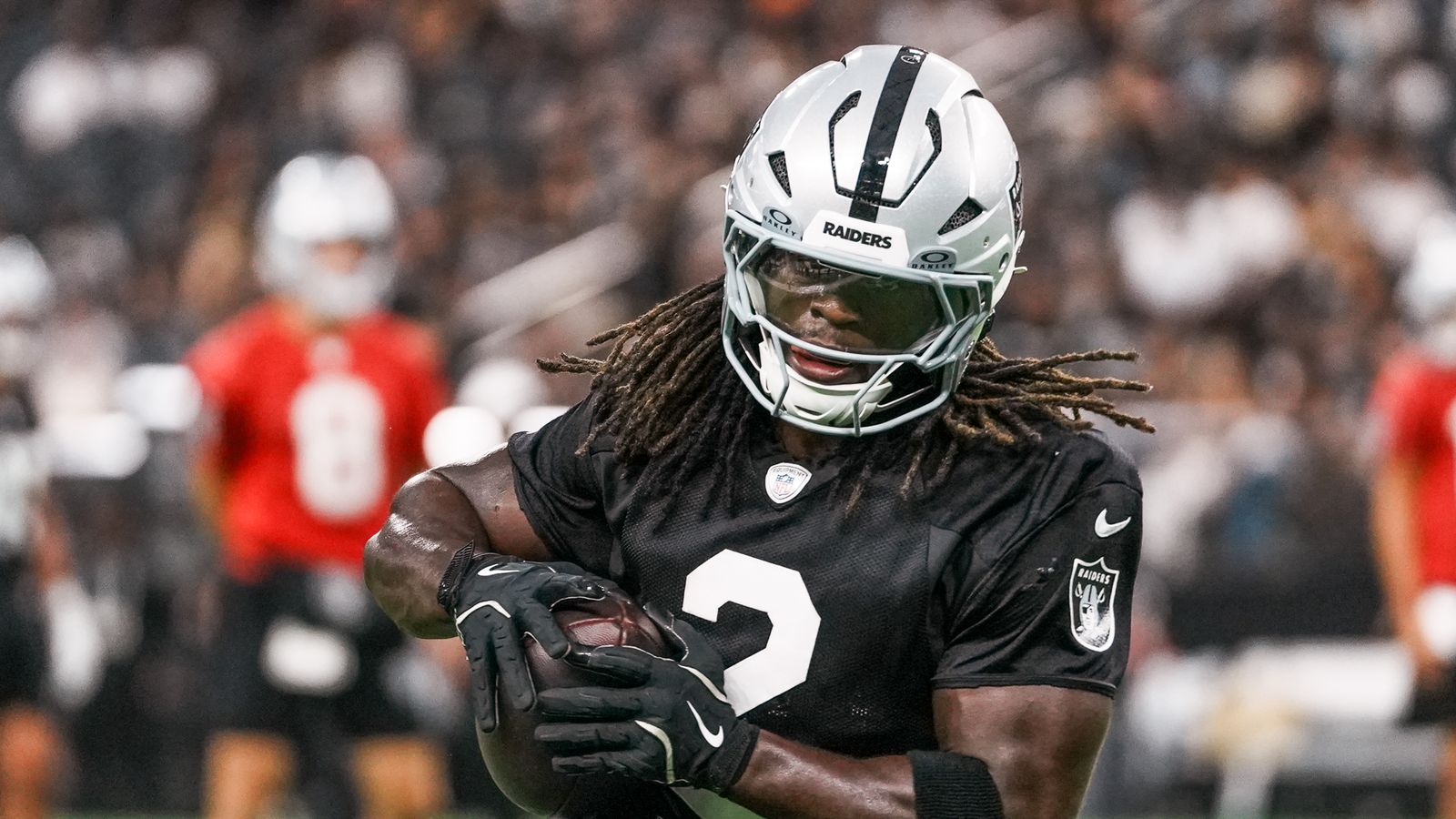 Ashton Jeanty (2) carries the ball at Raiders practice, Allegiant Stadium